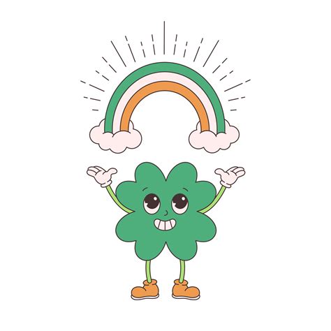 Trendy Retro Cartoon Character Clover With Four Leaf And Rainbow Happy