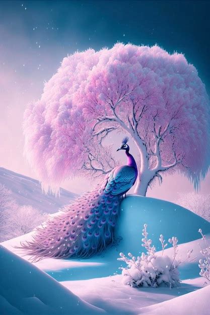 Premium Photo Peacock Sitting On Top Of A Snow Covered Hill Generative Ai