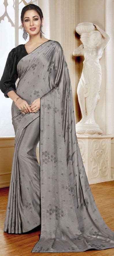 Traditional Black And Grey Color Satin Silk Silk Fabric Saree 1699456