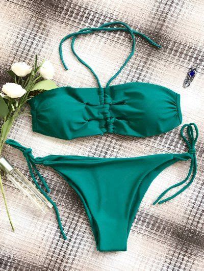 2018 Bandeau Bikini Top And Tie Side Bottoms In GREEN M ZAFUL