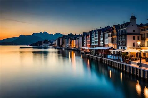 Una Ciudad De Noche Con Un Lago Y Monta As Al Fondo Foto Premium