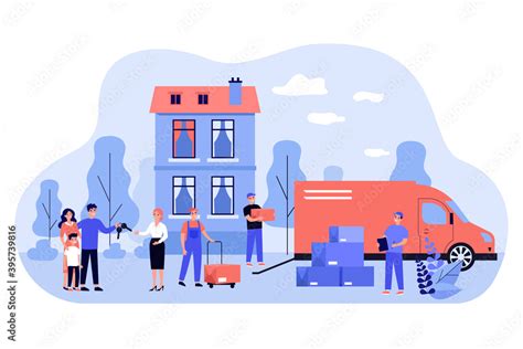 Happy family moving into new house flat vector illustration. Cartoon ...