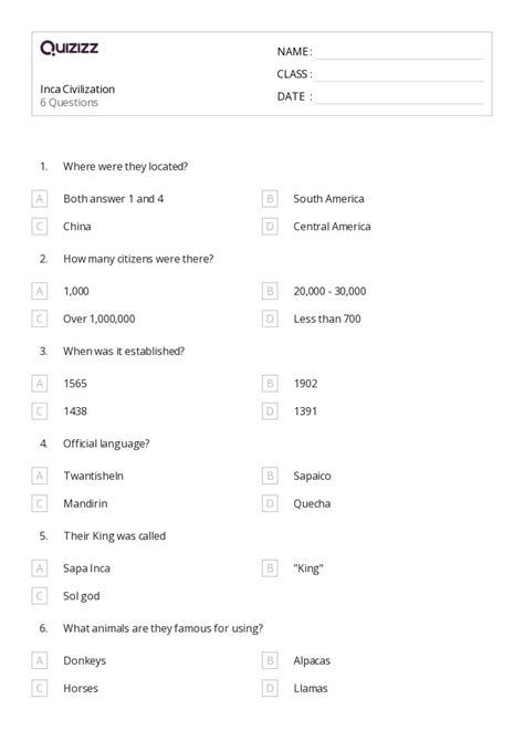 50 Inca Civilization Worksheets On Quizizz Free Printable