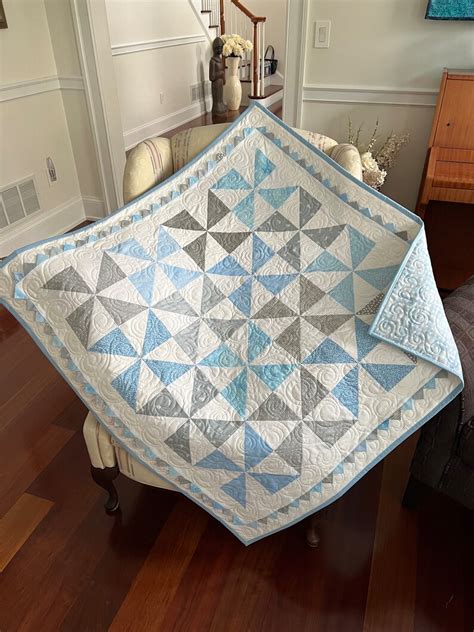 Baby Boy Pinwheel Quilt With Prairie Points With Watercolor Check