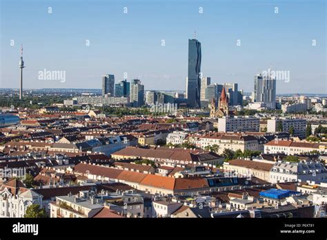 Austria, Vienna, View of city Skyline looking towards DC Tower at Donau ...