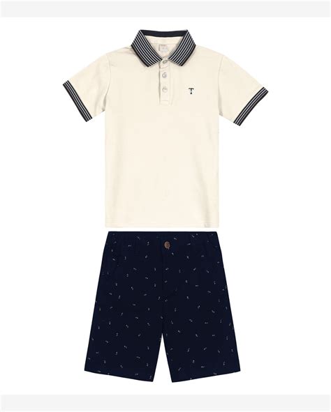 Riachuelo Conjunto Infantil Camisa Polo E Bermuda Trick Nick Bege