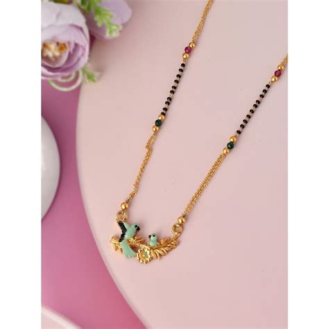 Silvermerc Designs Gold Plated Black Beaded Peacock Design Mangalsutra