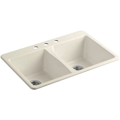 KOHLER Deerfield Drop-In Cast-Iron 33 in. 3-Hole Double Bowl Kitchen Sink in Almond-K-5873-3-47 ...