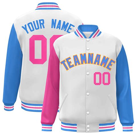 Custom White Powder Blue Pink Raglan Sleeves Varsity Full Snap Letterm