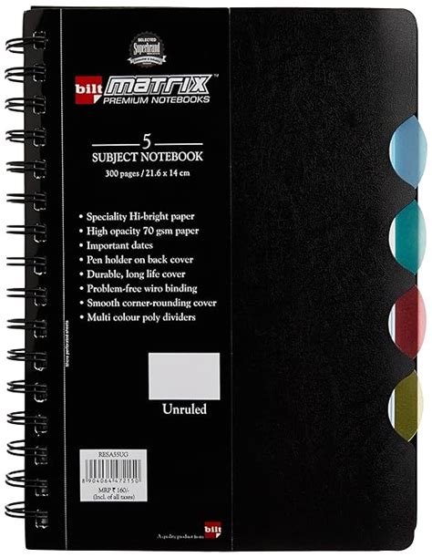 BILT Matrix Premium 5 Subject Notebook A5 70 GSM 300 Pages UnRuled