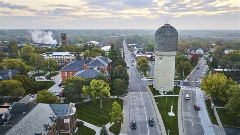 Aerial View Of Ypsilanti Water Tower At Sunrise Suburban Street Stock