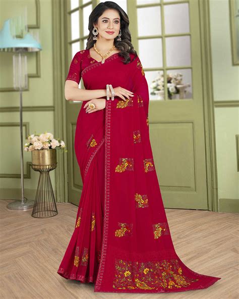 Vishal Prints Cherry Red Designer Chiffon Saree With Embroidery Diamon