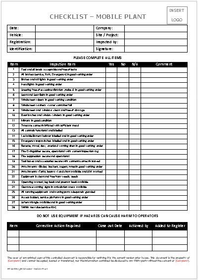 Checklist Mobile Plant Workplace Health And Safety Inspections