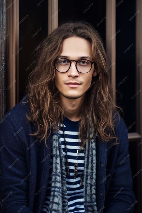 Premium Ai Image A Man With Long Hair And Glasses Is Sitting In A Doorway