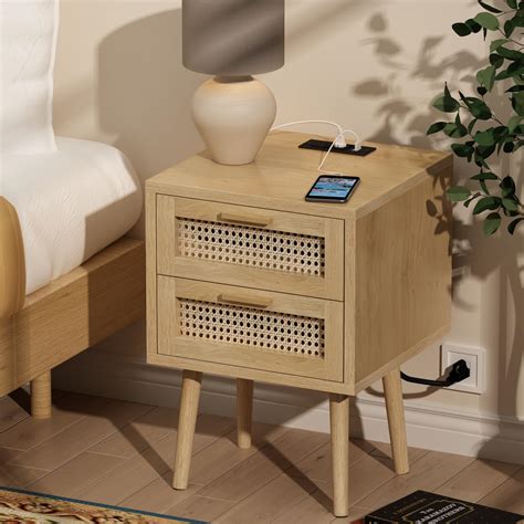 Choochoo Rattan Nightstand With Charging Station Boho Bedside Table