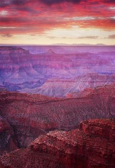 The Sun Is Setting At The Top Of The Grand Canyon With Red Clouds In