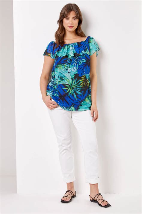 Curve Tropical Print Bardot Top In Blue Roman Originals Uk