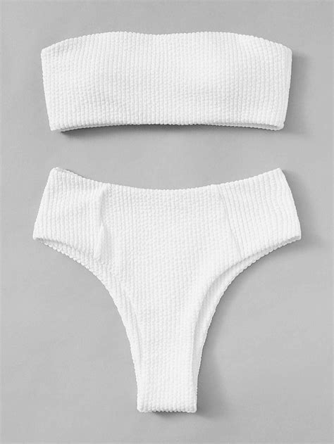 White Shirred Bandeau Solid Swimsuit Top With High Waist Bikini Bottom