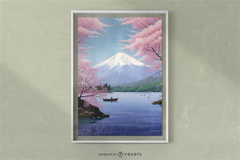 Mount Fuji Japanese Landscape Poster Design PSD Editable Template