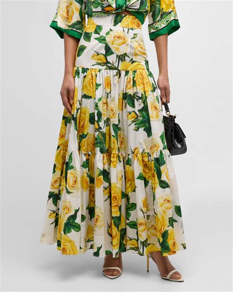 Dolce Gabbana Yellow Rose Print Tiered Maxi Skirt Neiman Marcus