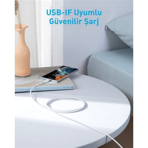 Anker 322 USB C to USB C 1 8m Şarj Data Kablosu Beyaz 60W Güç