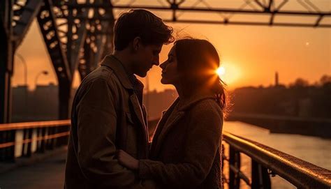 Premium Ai Image Young Couple Embracing At Sunset Smiling And