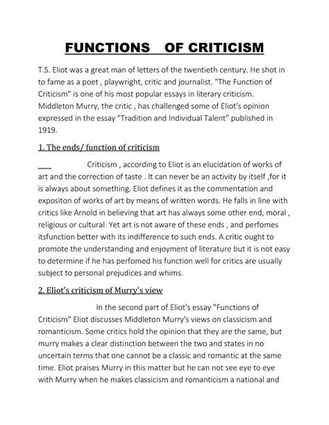 Function Of Criticism Functions Of Criticism T Eliot Was A Great Man