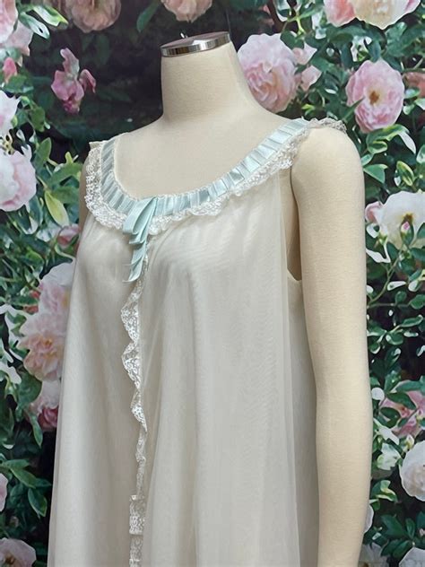 60s Odette Barsa White Chiffon Negligee Blue Satin Ri Gem