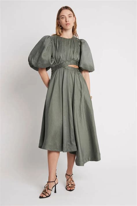 Aje Tidal Tucked Cut Out Midi Dress Green Size 8 The Volte