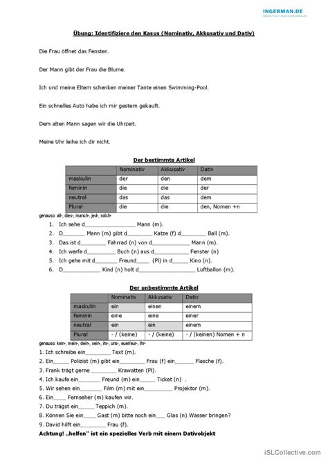 Kasus Nominativ Akkusativ Dativ Deutsch Daf Arbeitsbl Tter Pdf Doc