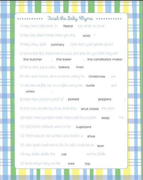 Printable Nursery Rhyme Fill In The Blank Game For Baby Showers