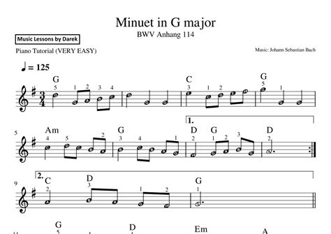 Minuet In G Major Very Easy Piano Bwv Anhang 114 Johann Sebastian Bach Arr Darek Sheet