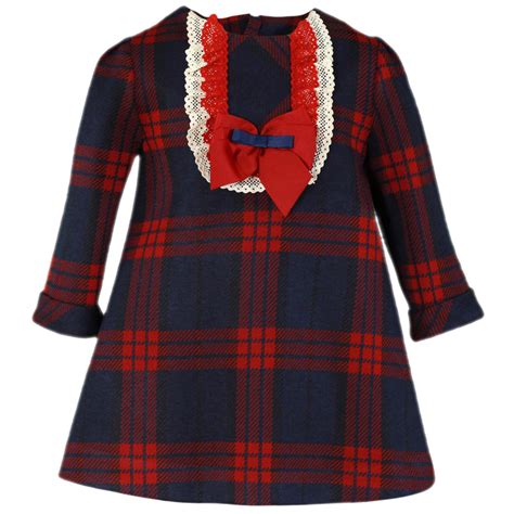 Spanish Miranda Autumn Winter Baby Girls Red Navy Check Dress Red Ivory