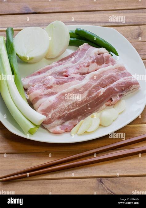 Korean Food Pork Belly And Vegetables Samgyeopsal Stock Photo Alamy