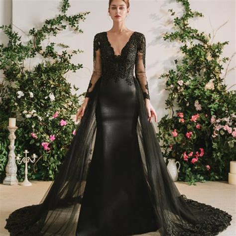 Black Mermaid Gothic Wedding Dress With Detachable Train Adela Designs