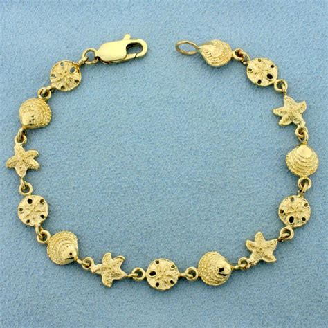 Lot Seashell Sand Dollar Star Fish Sea Life Bracelet In 10k Yellow Gold