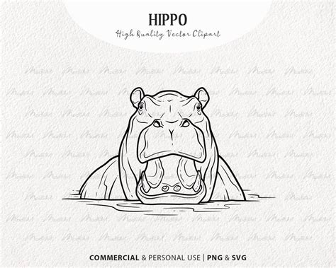 Swimming Hippo Svg Clipart Hippopotamus Vector Drawing Hippo Line Art Hippo Black Outline