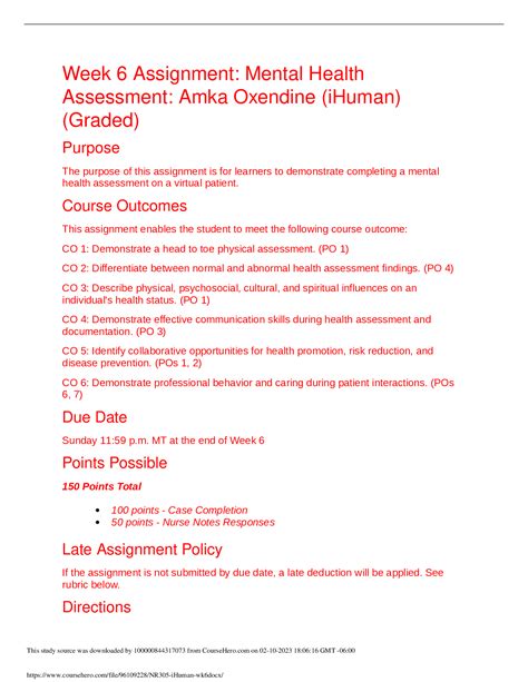 Nr 305 Week 6 Assignment Mental Health Assessment Amka Oxendine Ihuman Graded Browsegrades