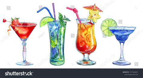 Стоковая иллюстрация Set Different Cocktails Watercolor Painting On