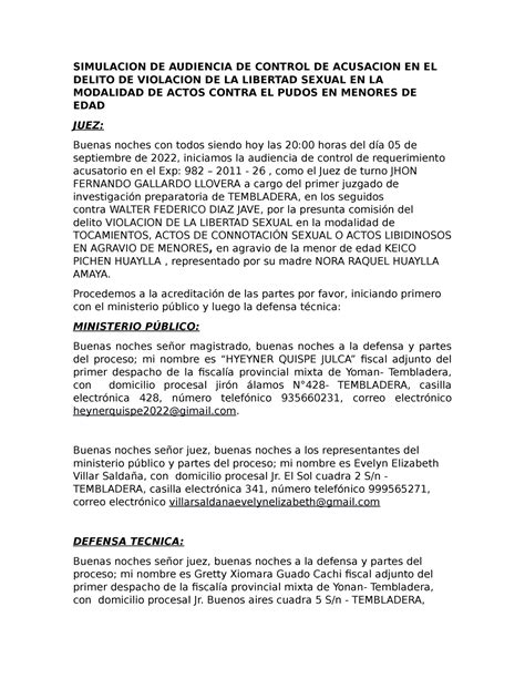 Control Acusacion Guion Procesal Penal 2 Simulacion De Audiencia De Control De Acusacion En