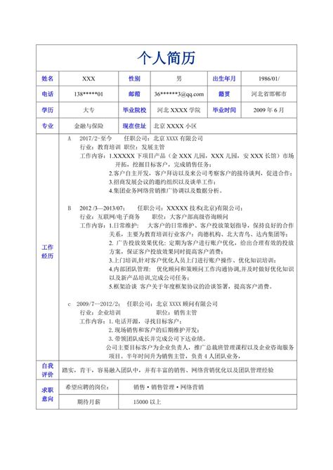 销售业务市场拓展类岗位求职简历模板 职业圈