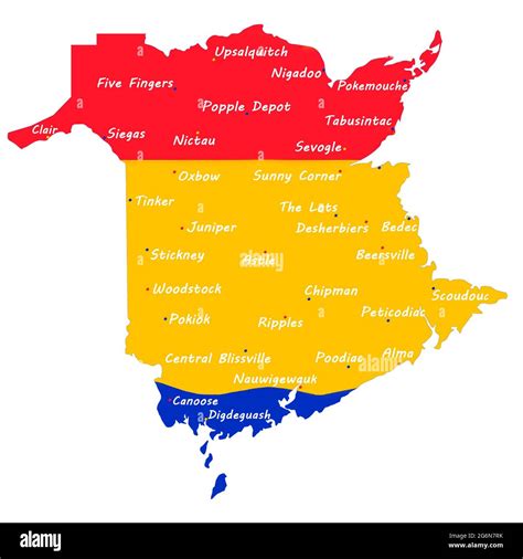 Un Mapa De New Brunswick Canadá Mostrando Sus Colores De Bandera Provincial Y Lugares De La