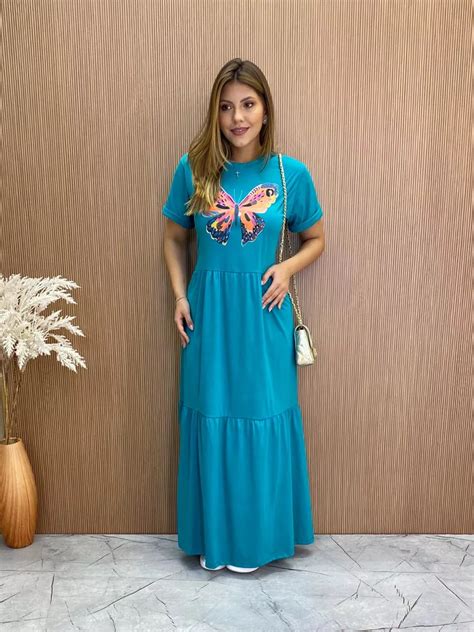 Vestido Longo De Malha Estampa Borboleta Fernanda Ramos