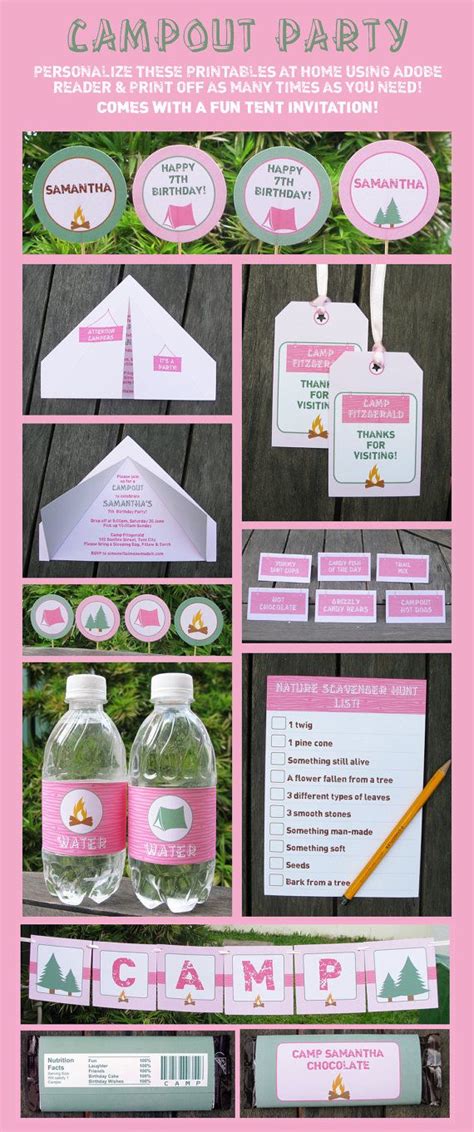 Girls Camping Theme Template Bundle Invitations Printable Campout