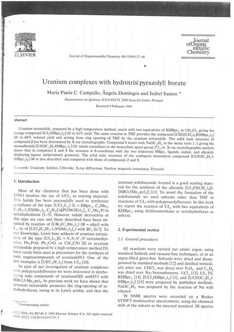 PDF Uranium Complexes With Hydrotris Pyrazolyl Borate