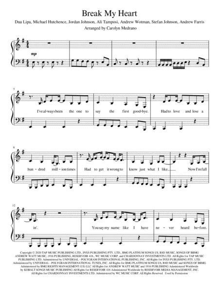 Break My Heart Arr Carolyn Medrano By Dua Lipa Sheet Music For Piano Solo At Sheet Music Direct