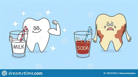 Dente Dos Desenhos Animados Um Vidro Do Leite E Uma Soda