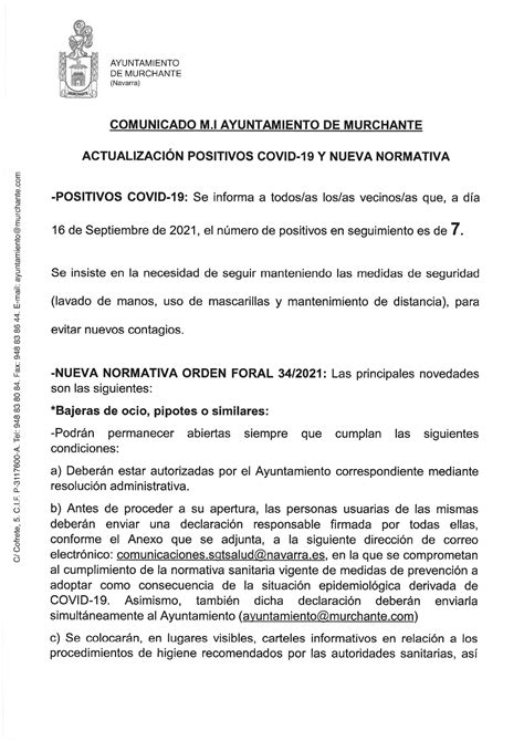 COMUNICADO AYUNTAMIENTO MURCHANTE POSITIVOS COVID 19 Y NUEVA NORMATIVA