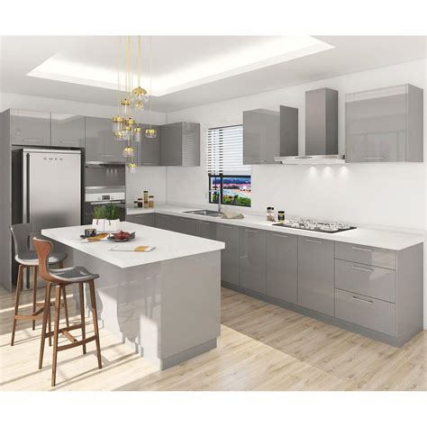 Apartment Ready To Assemble Modern Gray Lacquer High Gloss Kitchen