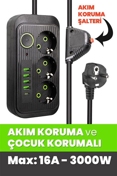 GüncelÇarşı Akım Korumalı 3 lü Çoklu Priz 4 Usb 1 Type C Pd 1 5 Mt